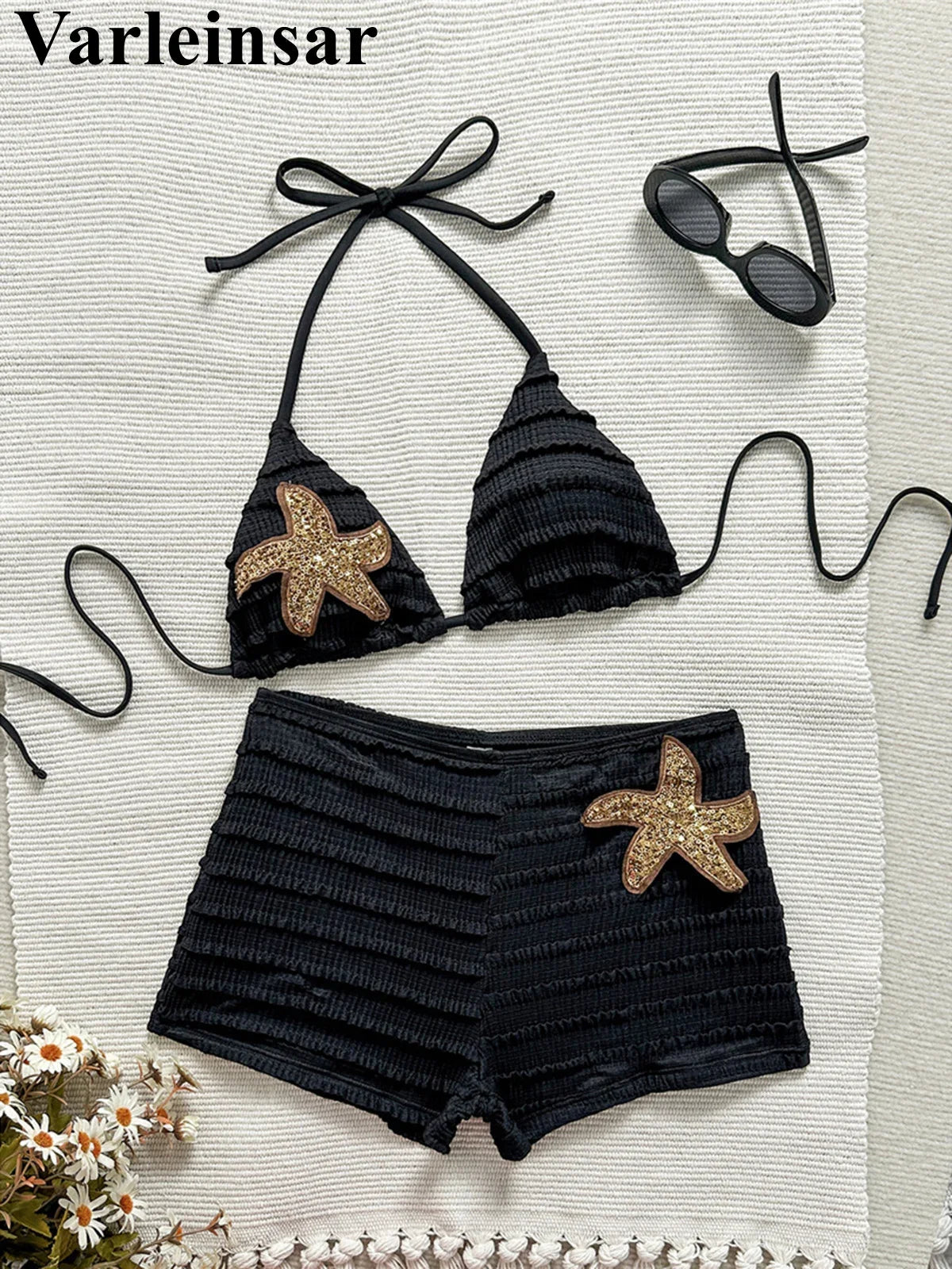 Sequins Starfish Halter High Waist Bikini Female Swimsuit Women Swimwear Two-Pieces Bikini Set Bather Bathing Suit Swim V8215