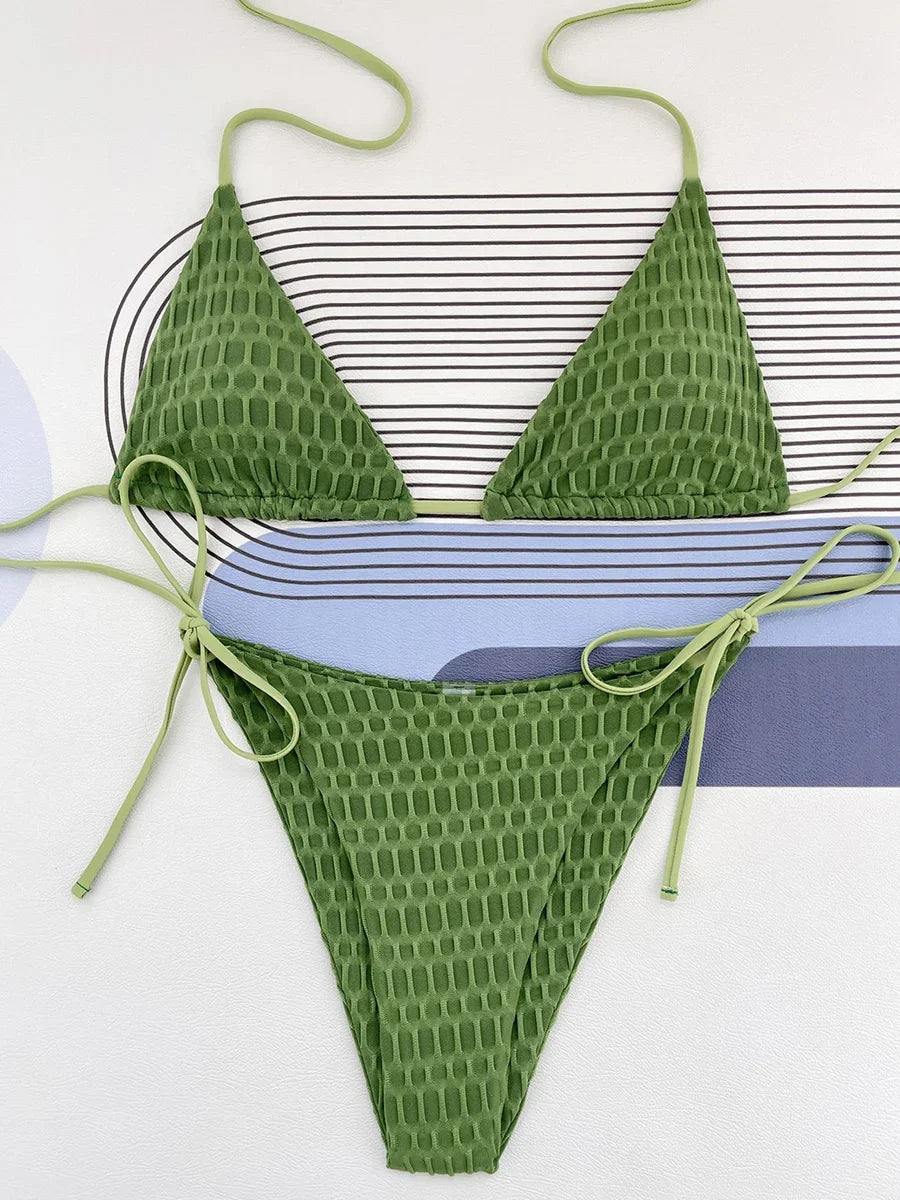 Halter Wrinkled Mini Micro Bikini Women Swimwear Female Swimsuit Two-pieces Bikini Set Brazilian Bather Bathing Suit Swim Lady