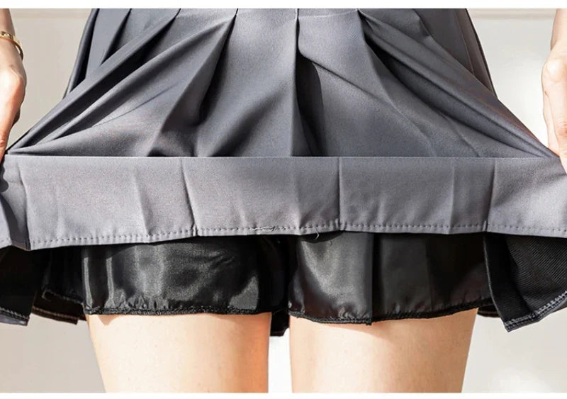 Women High Waist Pleated Skirt with Safety Shorts, Black A Line Mini Skort for Casual Office School Style Outfits