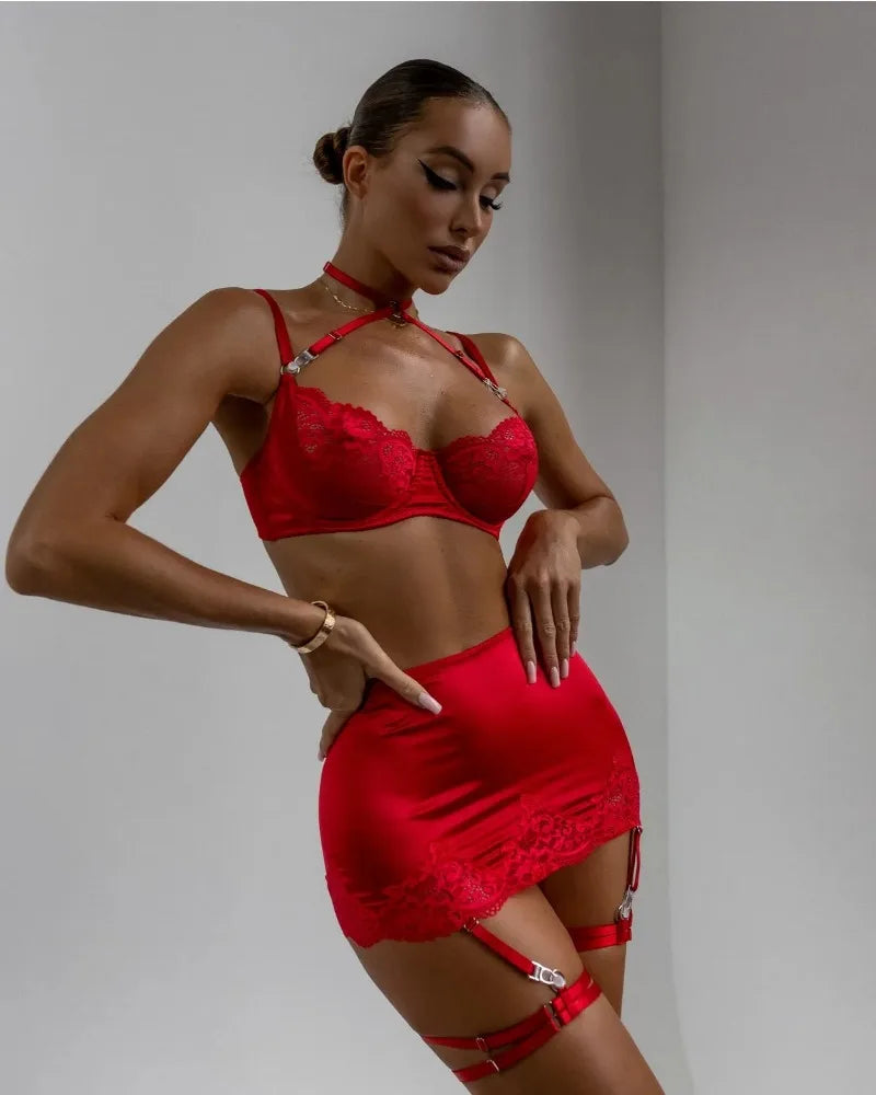 Toucheart Sexy Lingerie Set for Women Mesh Perspective Bra Set Lace Lace Splicing Sexy Hip-pack Skirt Sexy Underwear Garters Set