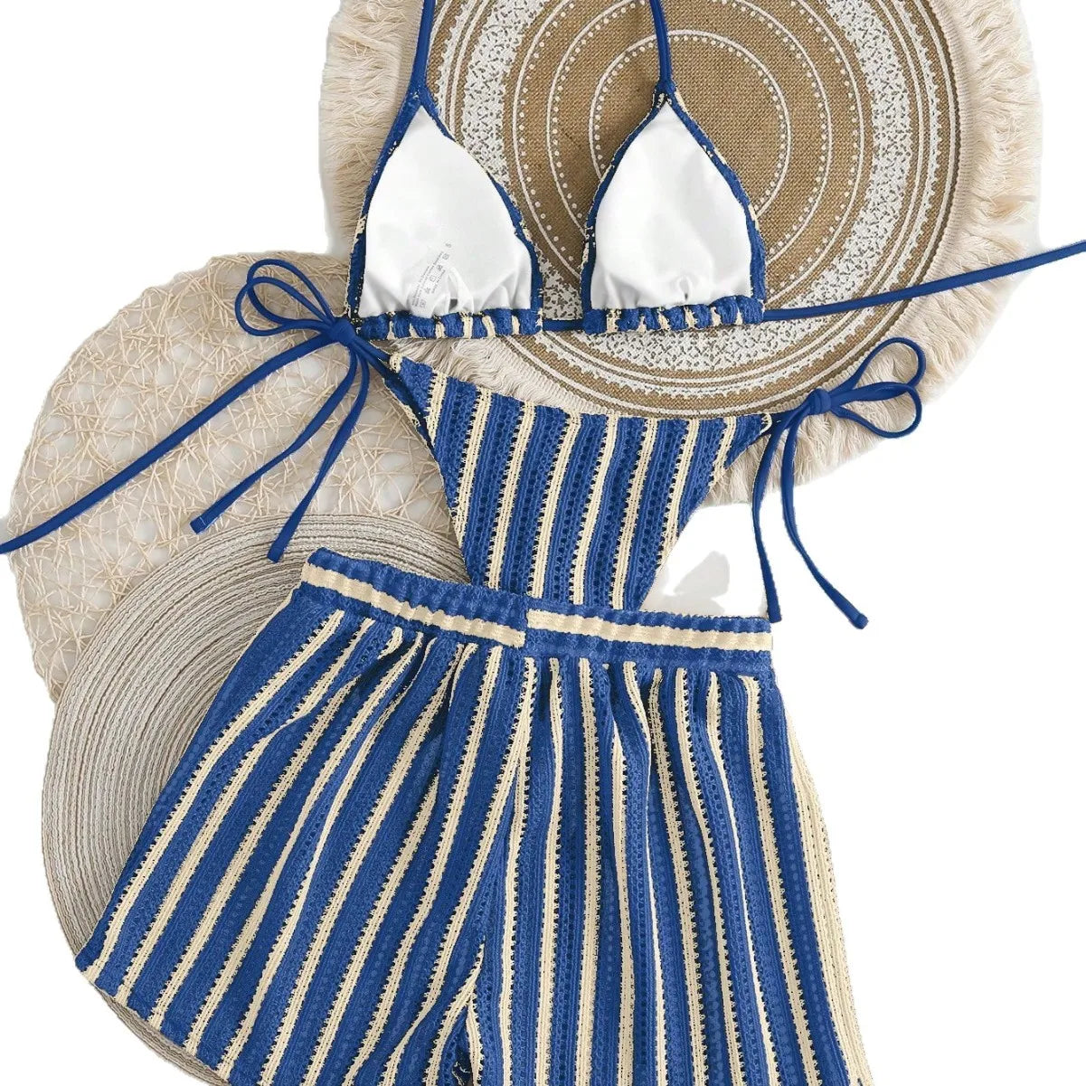 2026 Summer Women 3 Pieces Swimsuit Striped Print Halter Lace-up Backless Swimwear Sexy Micro Bikini Set Shorts Suits Beachwear