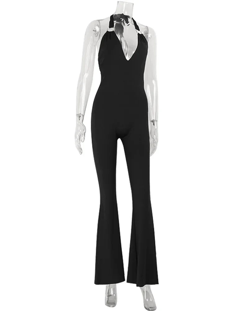 Ahagaga Sexy Women Jumpsuits Solid Halter Deep V-Neck Sheath Club Casual Streetwear Bandage High End Backless Sleeveless Rompers