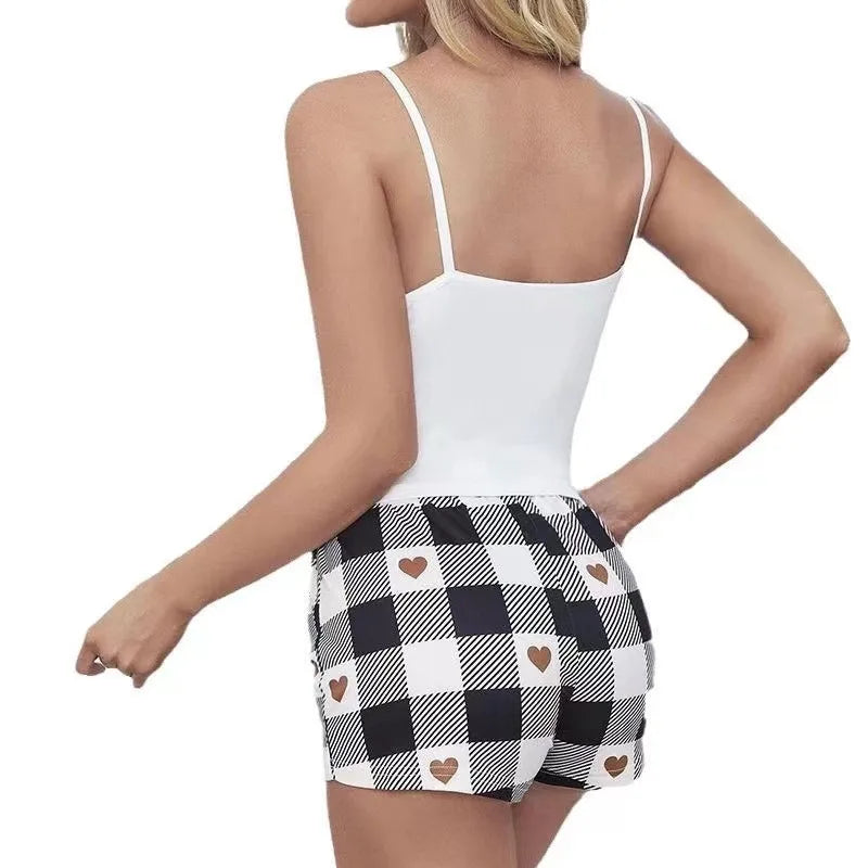 Summer Women's Sexy Camisole Pajama Set Women's Printed Letter Top Paired with Checkered Printed Shorts Home Pajama Set