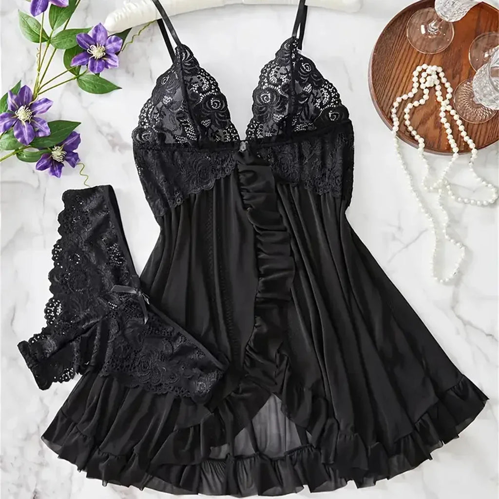 Elegant Transparent Red Lingerie Women's Underwear Sleepwear Lace Nightdress Panty Pijamas Sets Female Babydoll