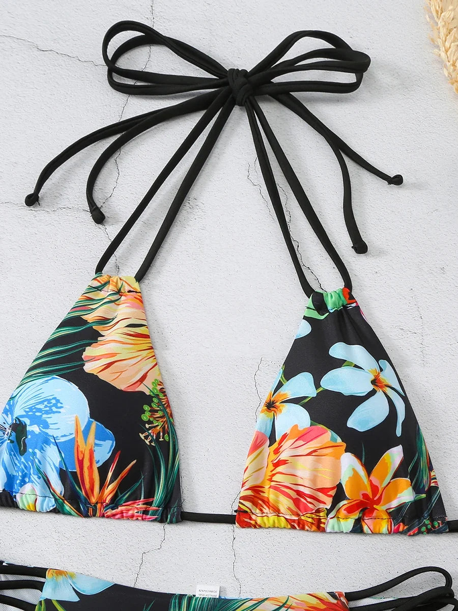 Halter String Floral Bikini 2026 High Waist Swimsuit Women Padded Swimwear Female Bathers Bathing Swimming Swim Suit Beachwear