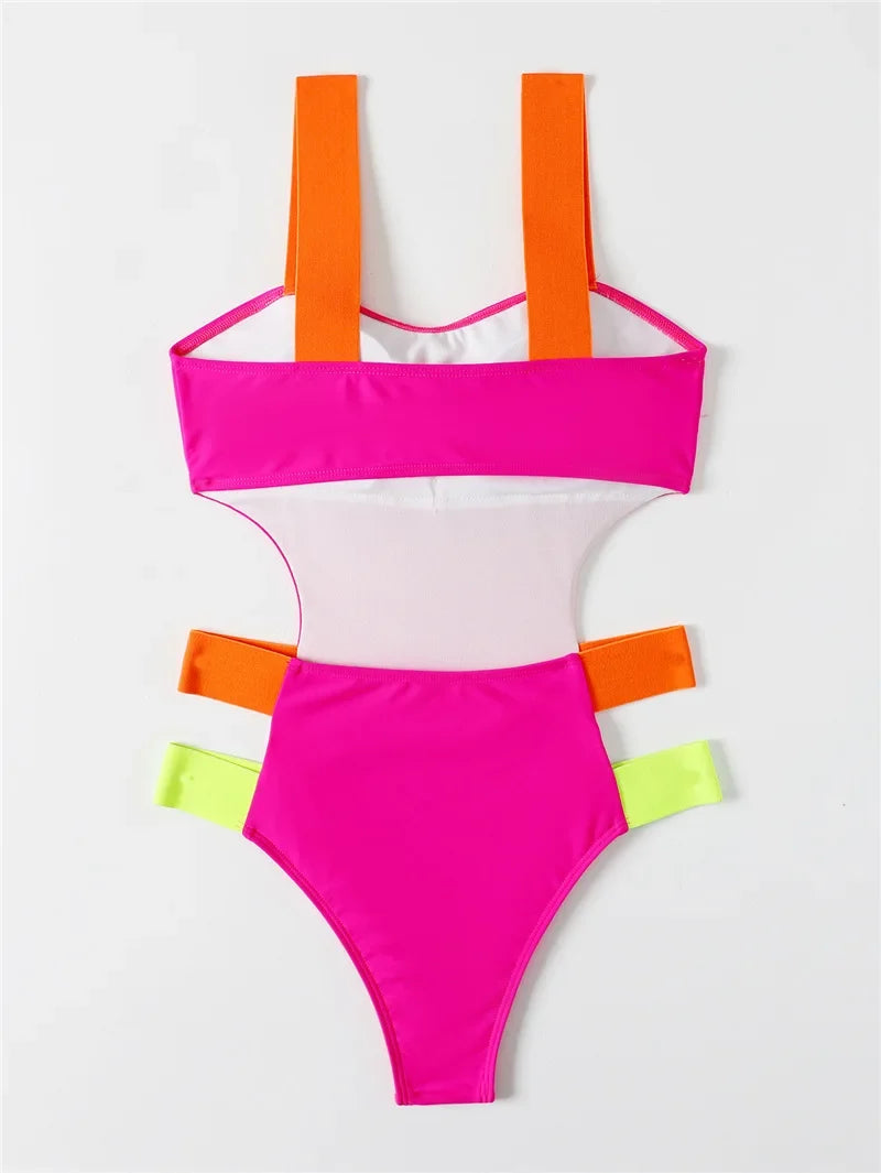 Splicing Black Contrast Women Swimwear One Piece Swimsuit Female Monokini High Cut Bather Backless Bathing Suit Swim Beachwear