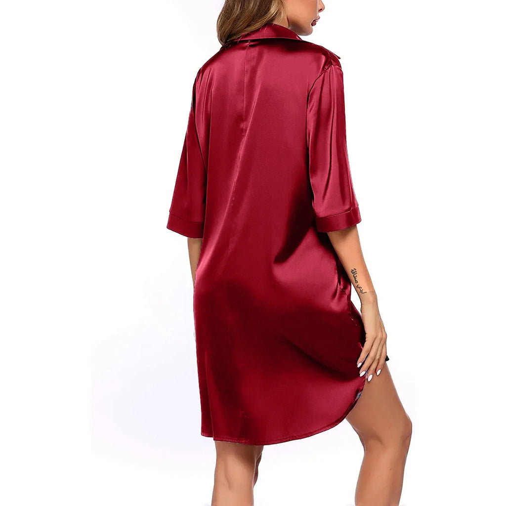 New Women's Solid Color Silky Comfortable Soft Pajamas Sexy Short Sleeve Nightshirt Smooth & Skin-Friendly Home Sleepwear Lounge