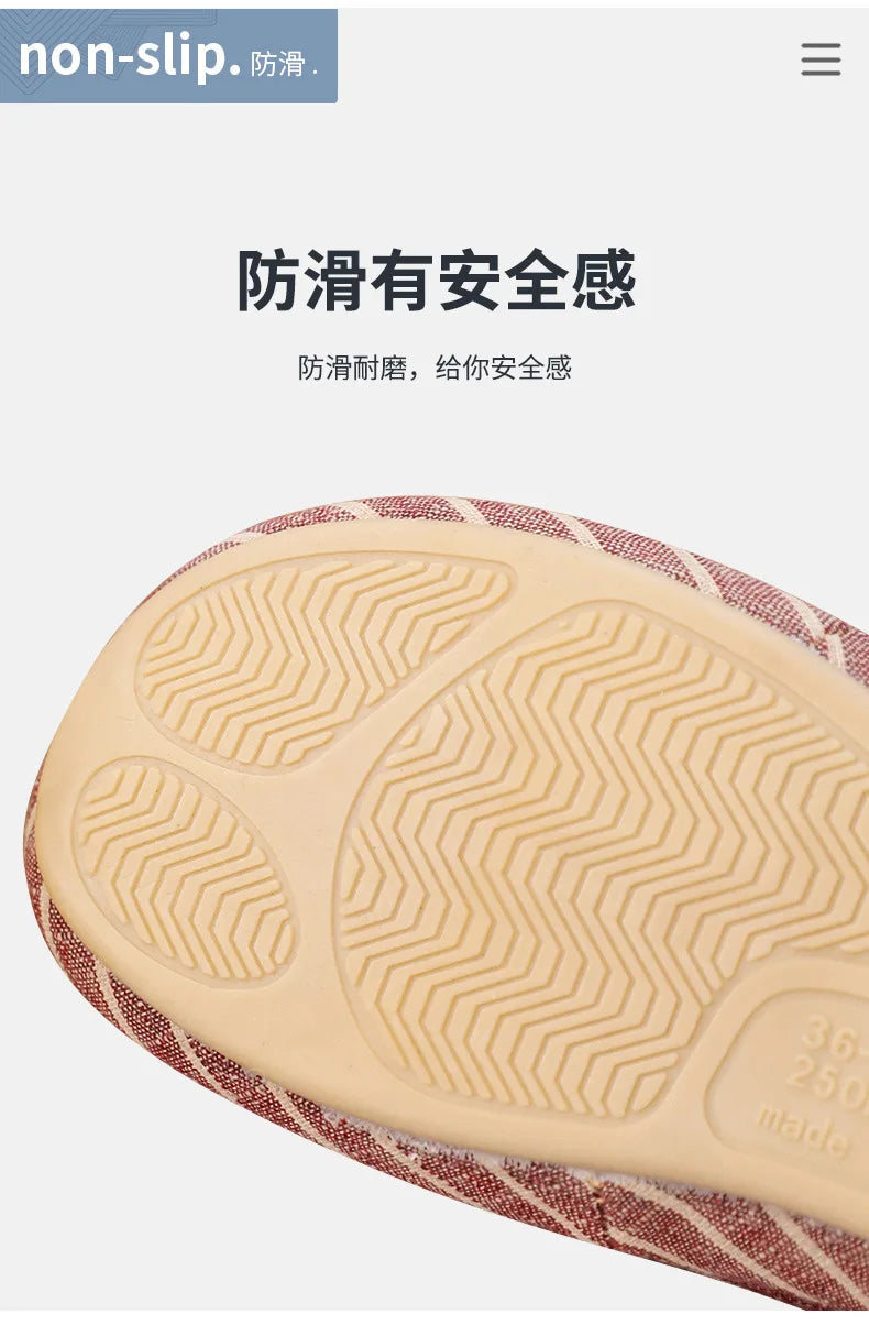 Breathable Linen Slippers For Women Men Summer House Shoes Striped Design Soft Sole Anti-Slip Couples Home Floor Cotton Slides