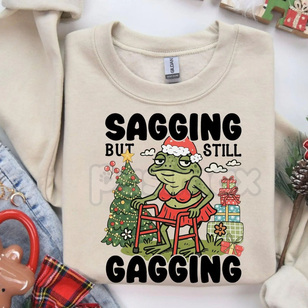 "Sagging But Still Gagging" Funny Christmas Meme Frog Sweatshirt – Sarcastic Holiday Crewneck