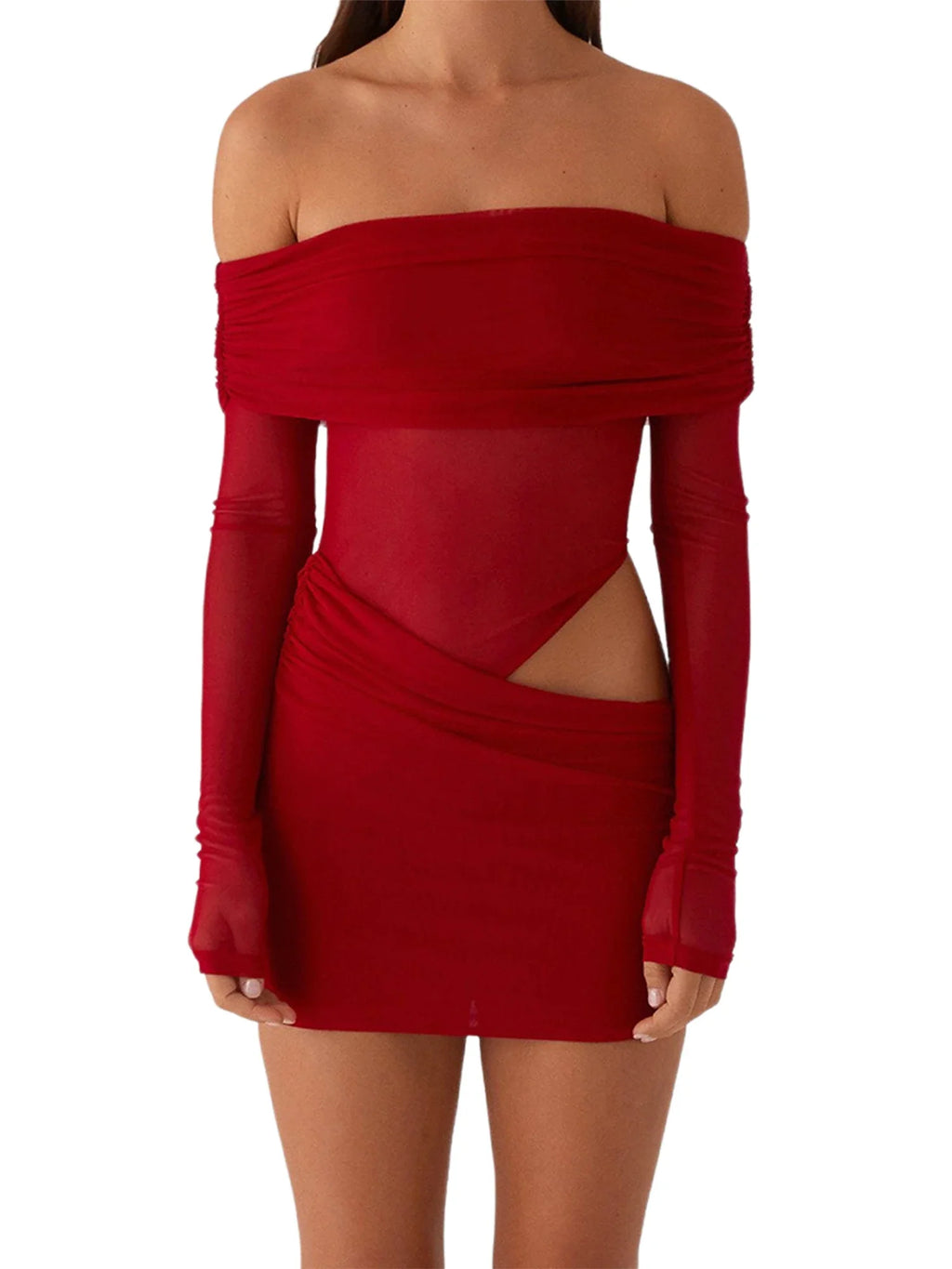 Women Mini Off Shoulder Slim Ruched Solid Color Party Club Dresses Cut Out Long Sleeve Backless Short Mesh Bodycon Dress