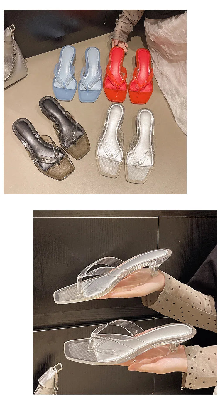 2026 Summer Jelly Shoes Women Fashion Sandals Low Heel Square Toe Girls Street Flip Flops Transparent Color Female Slippers