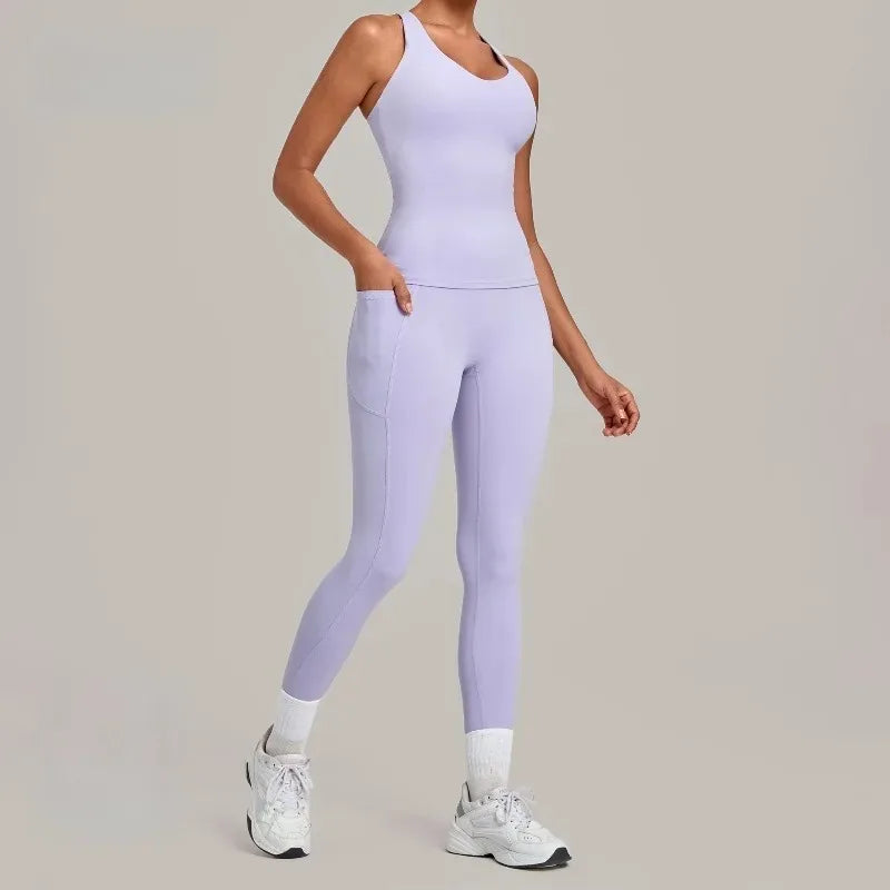 Women's Seamless Yoga Sets Sports Fitness Hip-lifting High Waist Pant Sleeveless Backless Suits Workout Running Leggings Sets