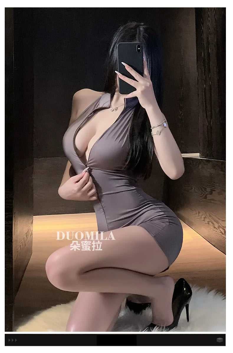 Sexy Schoolgirl Two-way Zipper Open Chest Crotch Bodysuits Deep V Suspenders Sleeveless Bodysuits Charming Thin Casual Hot 15T6