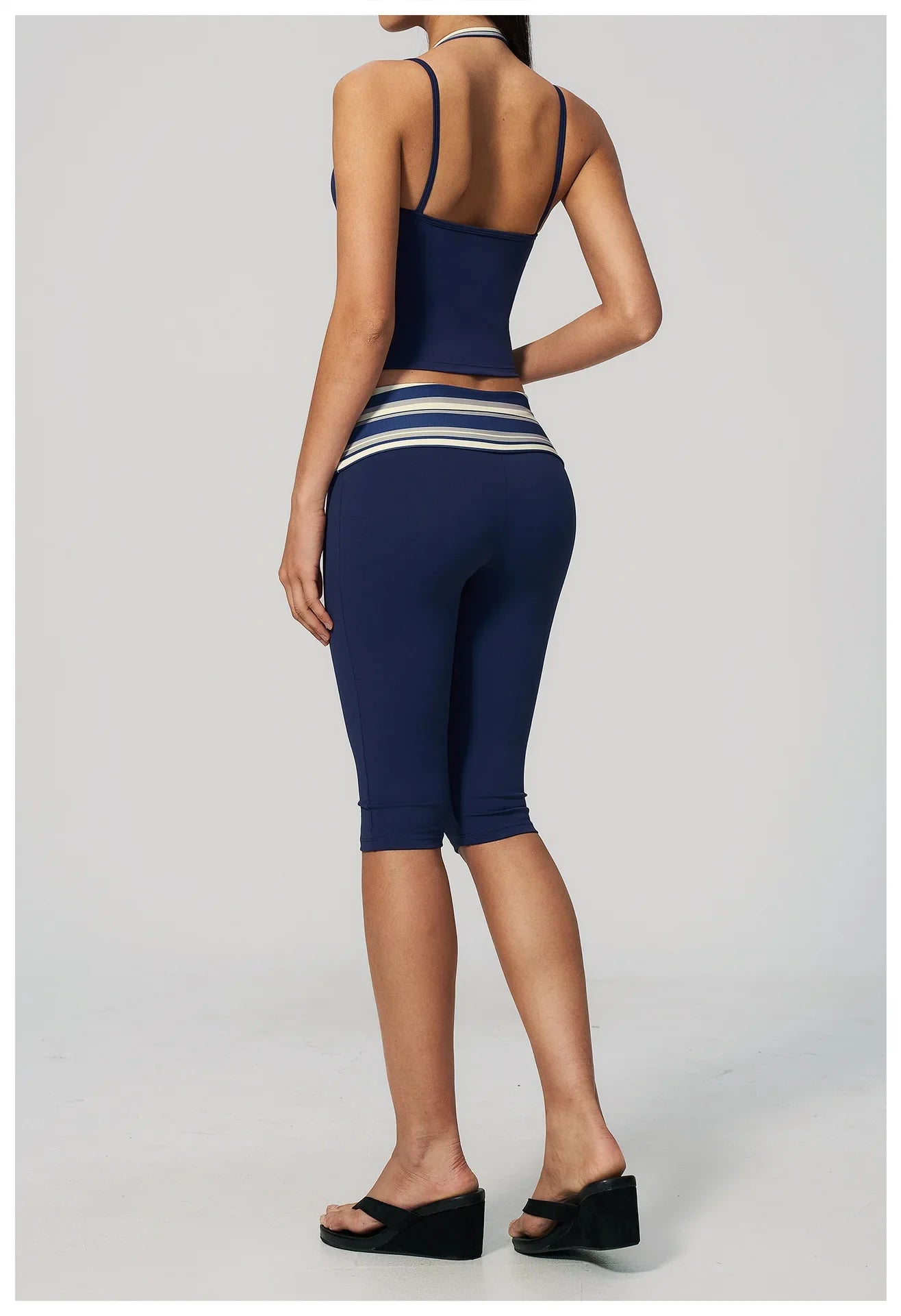 New Fake Two-piece Yoga Sets Women Striped Shock-absorbing Slim Sports Tank Top Fitness Suit Gym High Waist Mid Pants Tracksuit