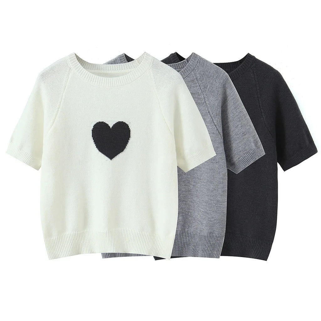 Fashion Casual Heart-patterned Short-sleeve Knit Shirt Women Heart Pattern Short Sleeve Knit Sweater Casual Crew Neck Top 7S5S