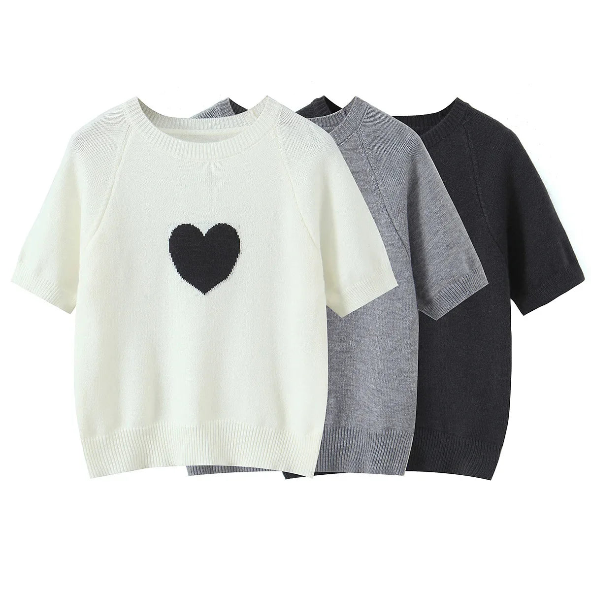Fashion Casual Heart-patterned Short-sleeve Knit Shirt Women Heart Pattern Short Sleeve Knit Sweater Casual Crew Neck Top 7S5S