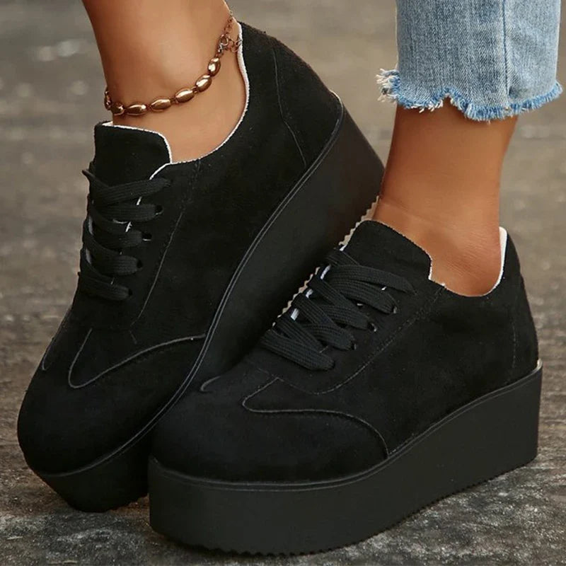 Plus Size Chunky Heel Sneakers Women Spring Autumn Lace Up Black Sneakers Woman Faux Suede Platform Vulcanize Shoes Female