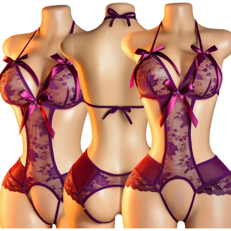 Sexy Temptation Erotic Lingerie Women Open Bra Set Purple Crotchless Sexy Bodysuit Transparent V-neck Hot Underwear Costume