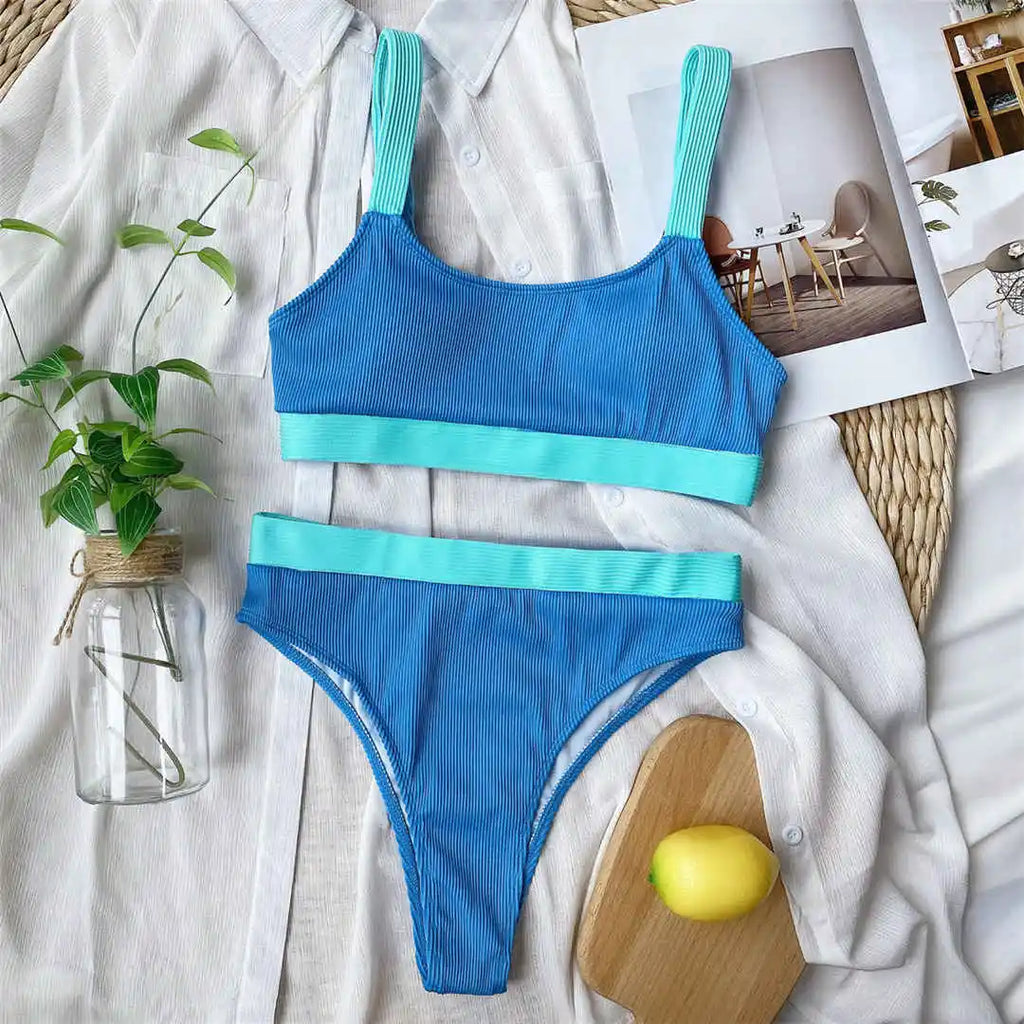 New Sexy Ribbed Splicing Female Swimsuit High Waist Bikini Women Swimwear Two-pieces Bikini Set Bather Bathing Suit Swim V2329