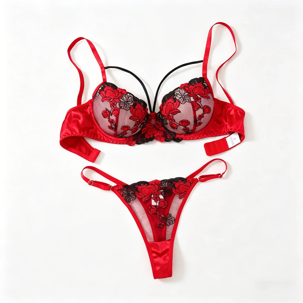 Two-piece embroidered bra set - Women's floral embroidered lingerie set - Black and red underwear set ZA825127