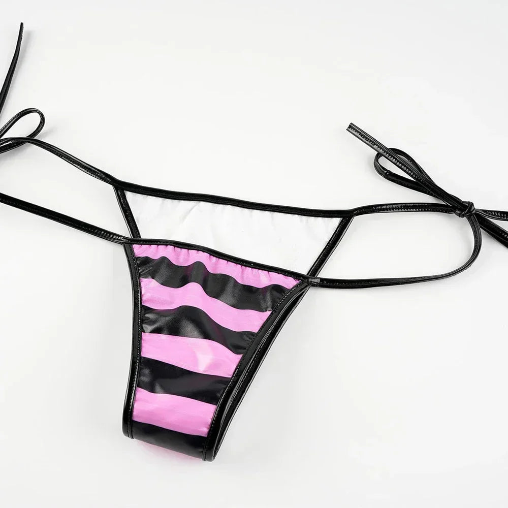 PU Leather Micro Bikini Set Women Swimsuit Japanese Kawaii Stripes Bra Set Sexy Lingerie Underwear Summer Swimwear Costume