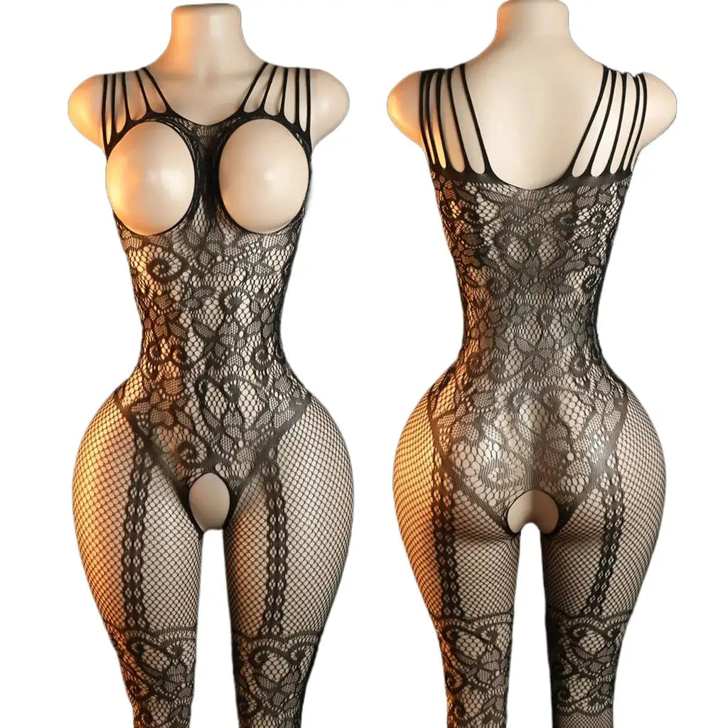 Sheer Floral Jacquard Fishnet Bodysuit - High Stretch, Open Chest, Women's Sexy Lingerie Crotchless Bodystockings Erotic Outfits