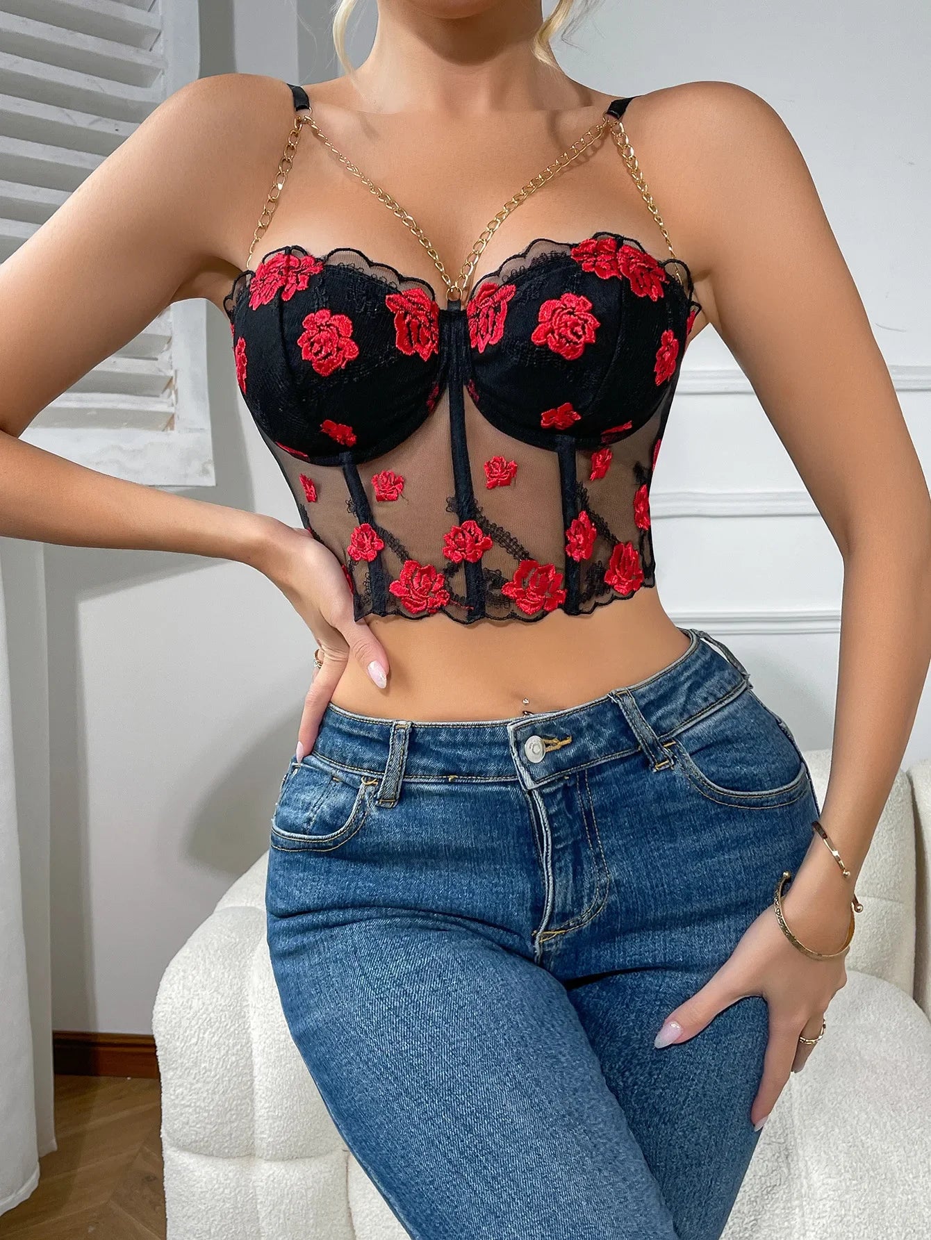 Spicy Girl Fishbone Bra Floral Strap Camisole Sexy Underwire Tube Top Flower Embroidered Top Transparent Pure Desire Casaul OCI1