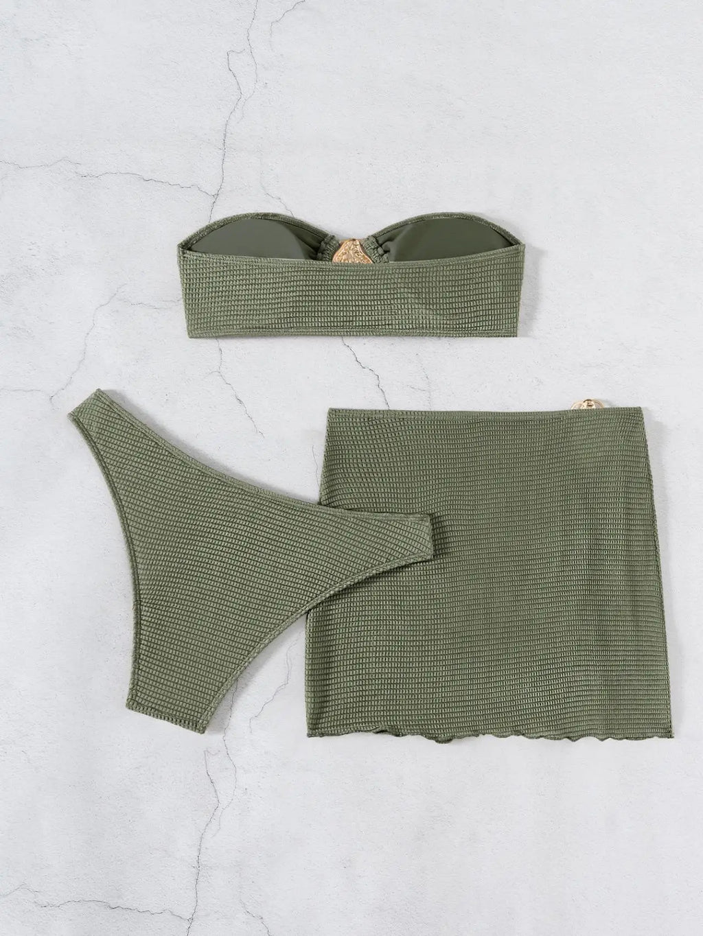 With Skirt Wrinkled Bandeau Bikini Female Swimsuit Women Swimwear Three-pieces Bikini Set Metal Ring Bathing Suit Swim Beachwear