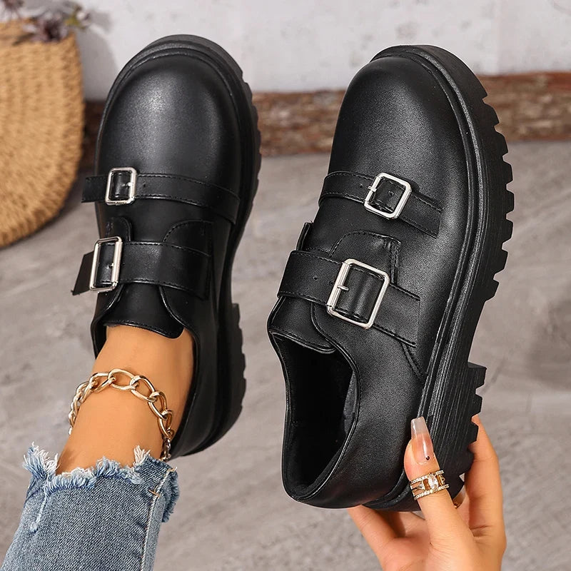 Fashion Double Buckle Platform Loafers Women British Style Thick Bottom Pu Leather Shoes Woman Comfort Round Toe Student Shoes