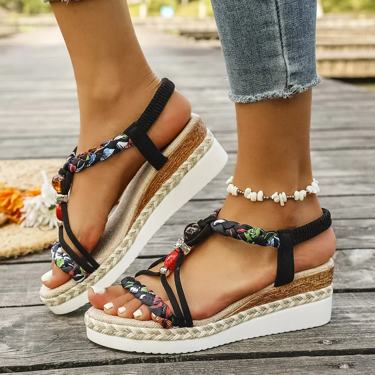 Fashion T-Strap Platform Sandals  Women New Mix Color Elastic Band Wedge Sandals Woman Summer Daily Open Toe Sandalias Female