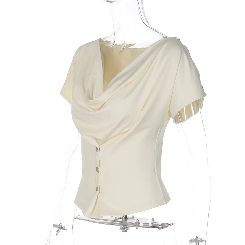 FDYOUI Fashion Casual Swinging Collar T-shirts Y2K Woman Clothes Short Sleeve Buttons Corset T Shirt Ladies Solid Crop Tops Tees