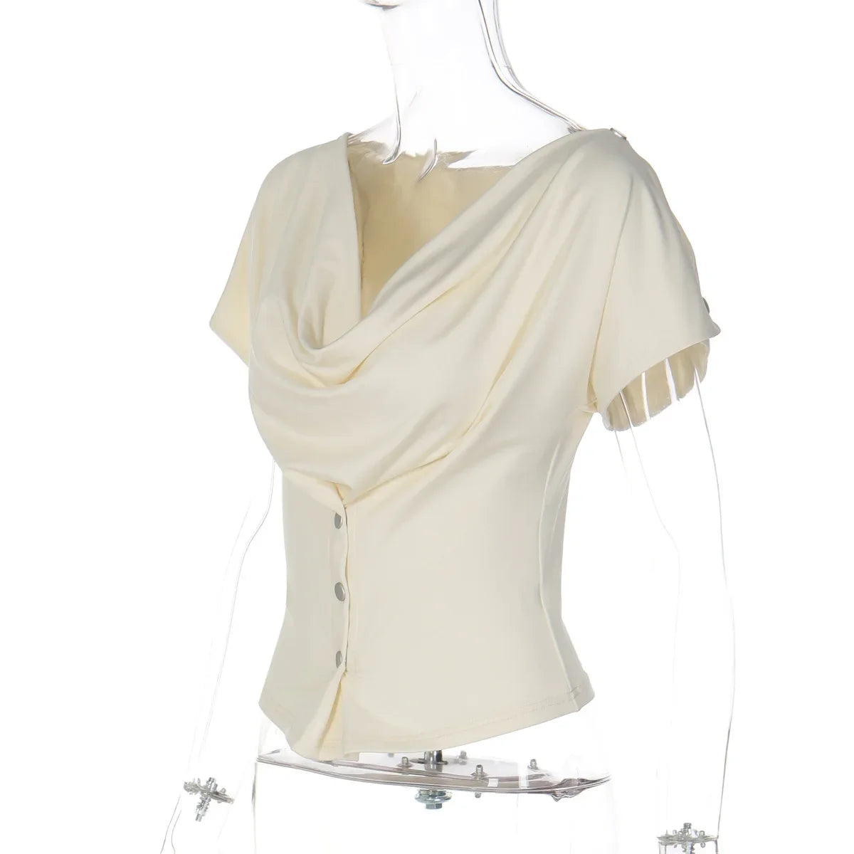 FDYOUI Fashion Casual Swinging Collar T-shirts Y2K Woman Clothes Short Sleeve Buttons Corset T Shirt Ladies Solid Crop Tops Tees