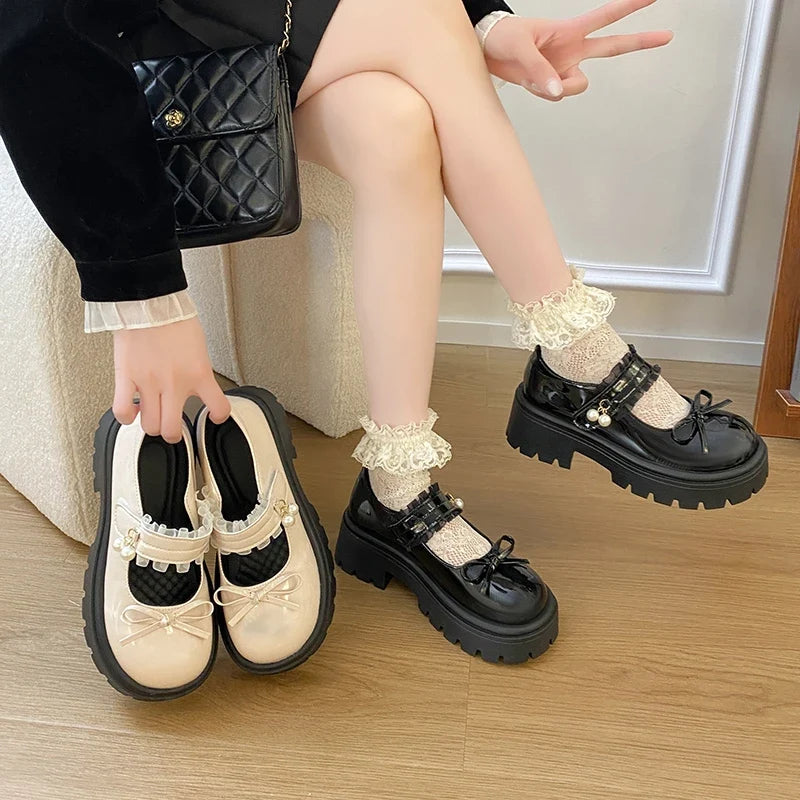 Sweet Bowknot Lace Strap Platform Mary Jane Shoes Women Korean Patent Leather Jk Lolita Shoes Woman 2025 Thick Heel Pumps Female