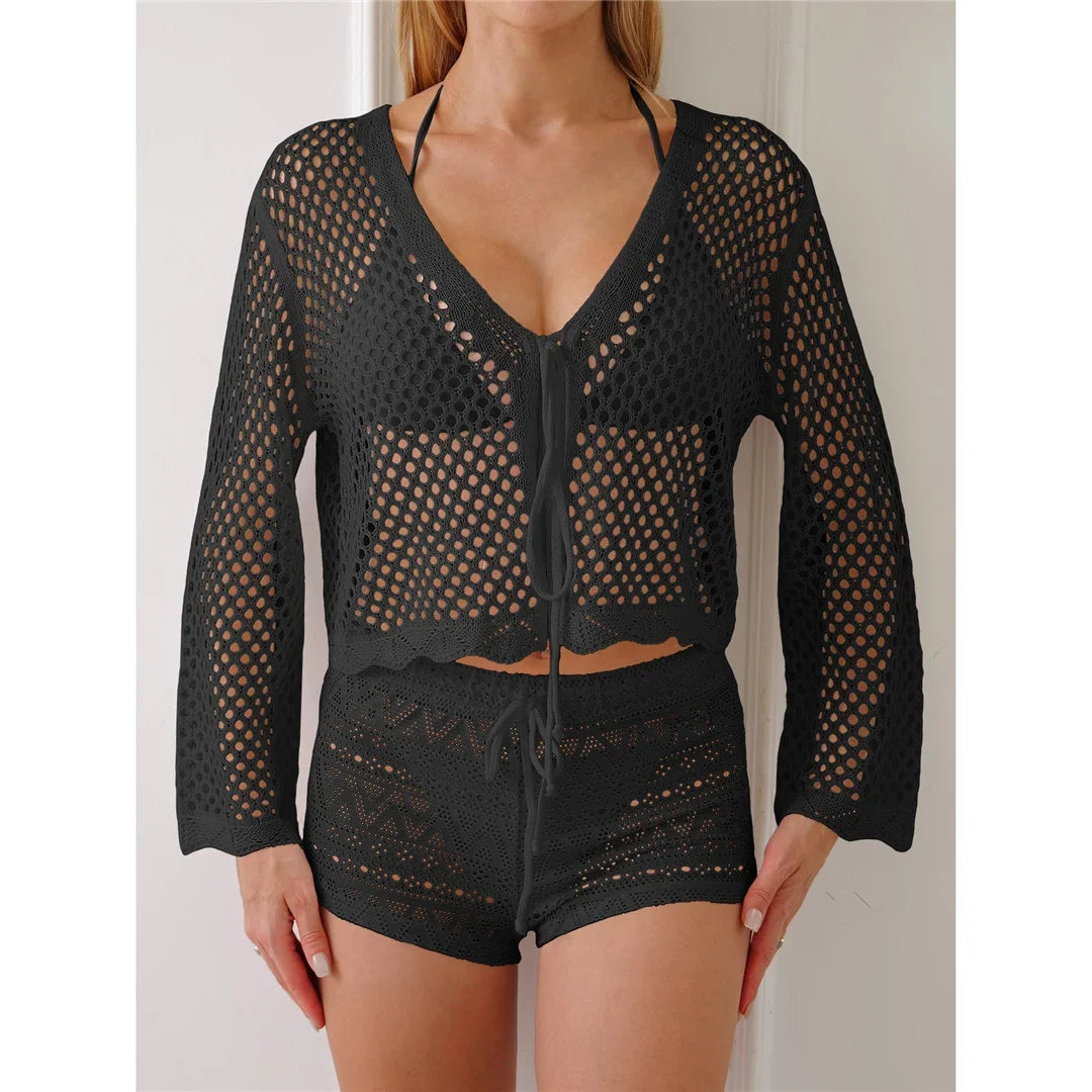 V Neck Long Sleeve Hollow Out Crochet Knitted Tunic Beach Dress Beach Wear Beachwear Beach Cover Up Cover-upsFemale Women V7192