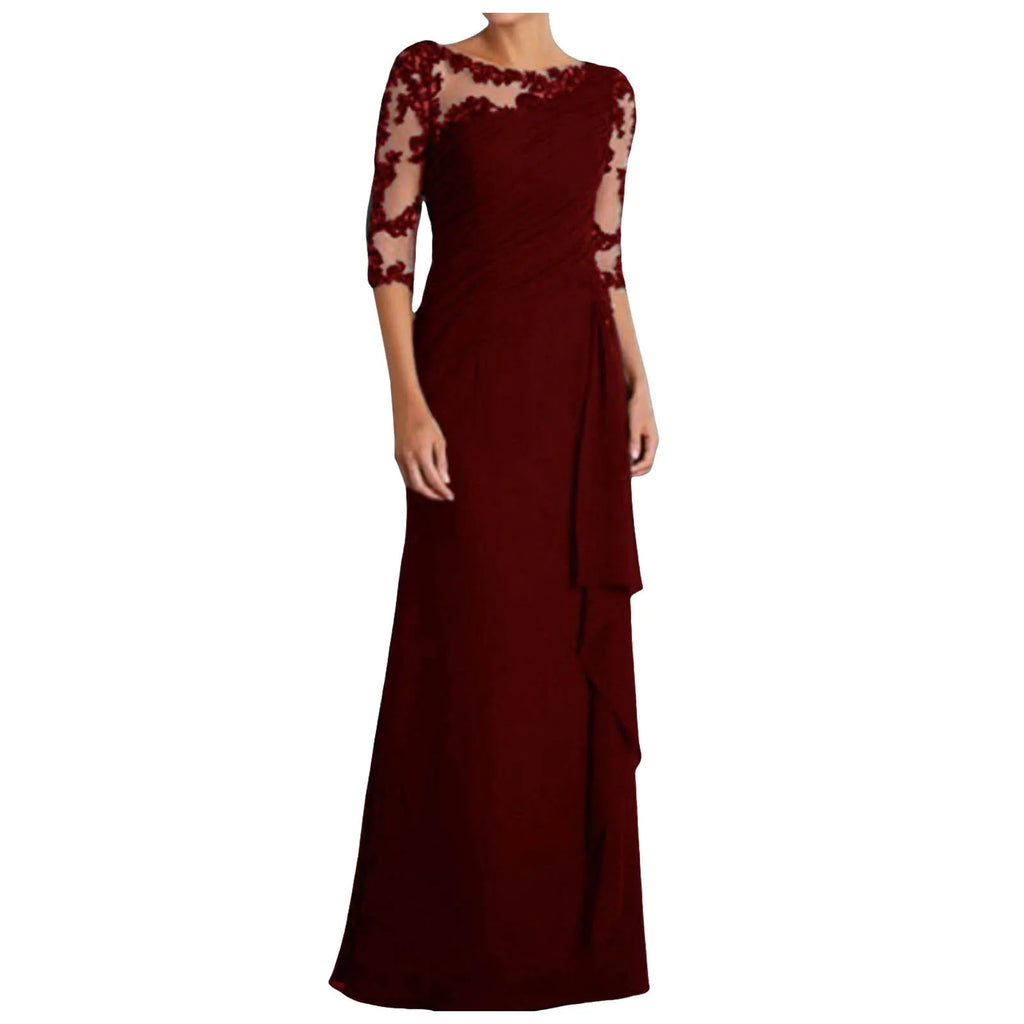Women Elegant Lace Long Dress Sexy See Through Round Neck Mid Sleeve Dress Solid Color Evening Party Prom Dress Cocktail Gown