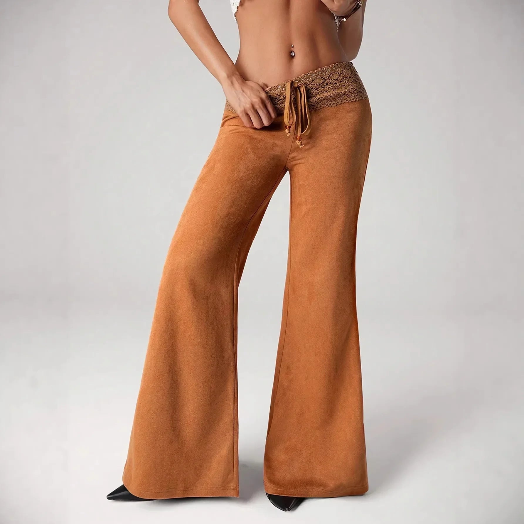 2026 New Women Elegant Solid Color Lace Trim High Waist Wide Leg Pants Casual Loose Palazzo Trousers