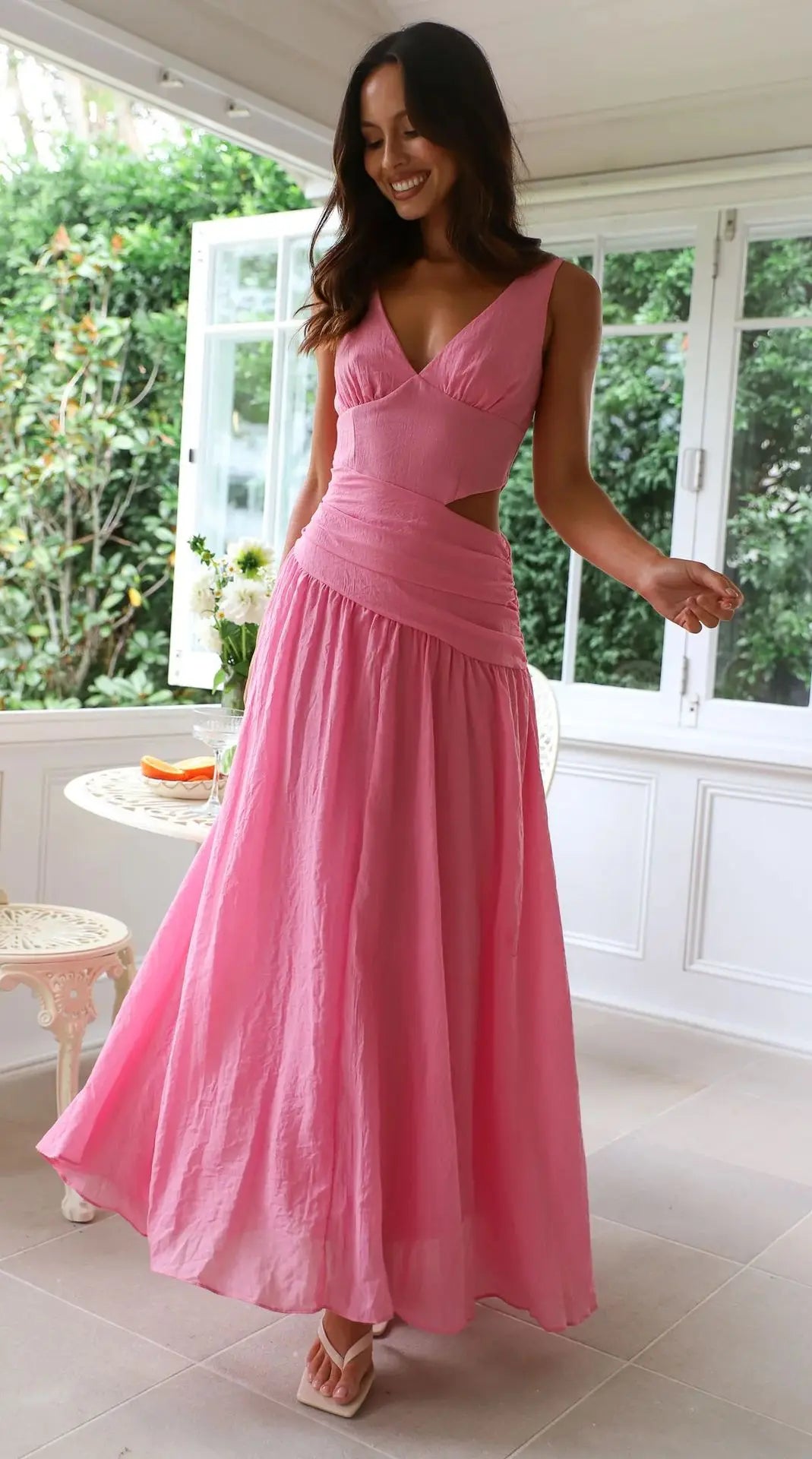 Foridol White Long Dress for Women V Neck Waist Cut Out Tank Beach Dresses New in Summer Spring Long Vestidos Casual Party Dress