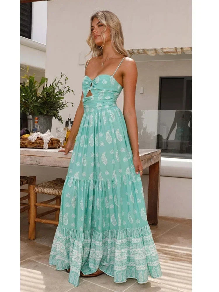 Foridol Spaghetti Strap Sundress Cut Out Women's Dress Summer Printed Boho Beach Maxi Dress 2025 Paisley Printed A-line Vestidos