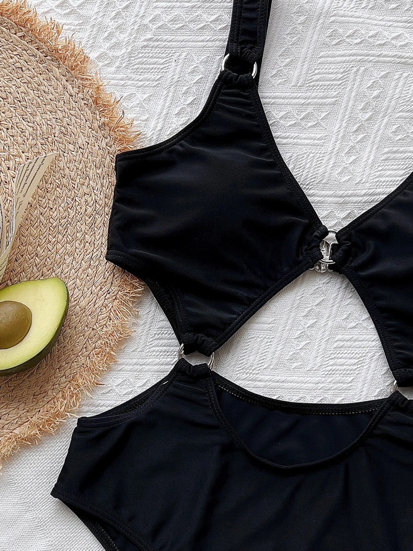 2026 New Sexy Black One Piece Swimsuit Swimwear Women Hollow High Waist Bathing Suit Beachwear Metal Hoops Decor Banadores Mujer