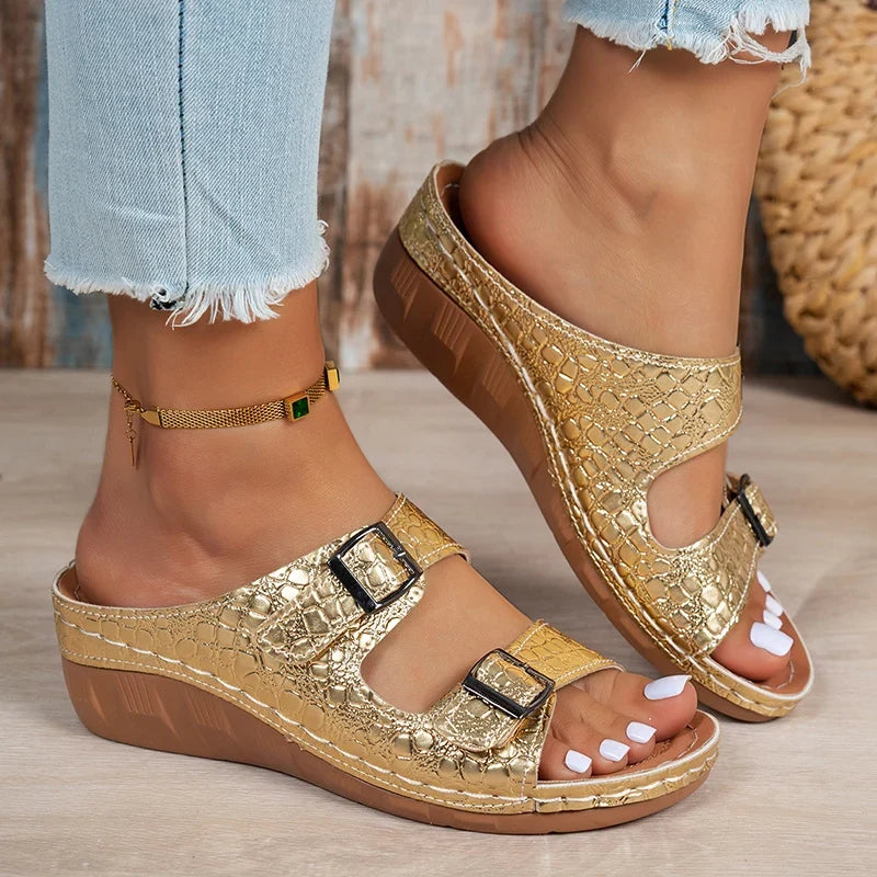 Lightweight Double Buckle Platform Sandals Women Gold Silver Summer Wedge Heeled Sandals Woman Open Toe Thick Sole Sandles 2026