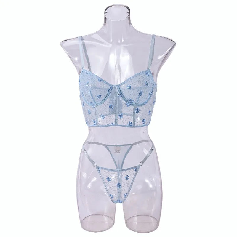 Toucheart Sexy Lingerie Mesh Embroidered Flowers Underwire Fishbone Sexy Floral Transparent Lace Underwear Sexy Lingerie Suit