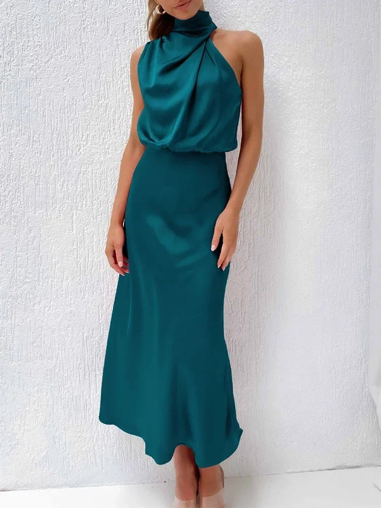 Foridol One Shoulder Turtleneck Tank Satin Women Party Dress Robe Zip Sleeveless Elegant Vintage Folds Women Clothing 2025