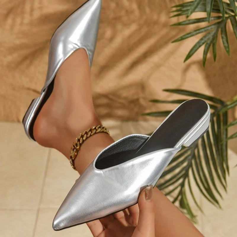 Silver Pointed Toe Mules Shoes Women Plus Size 42 Pu Leather Low Heels Slippers Woman Fashion Summer Closed Toe Flat Slides