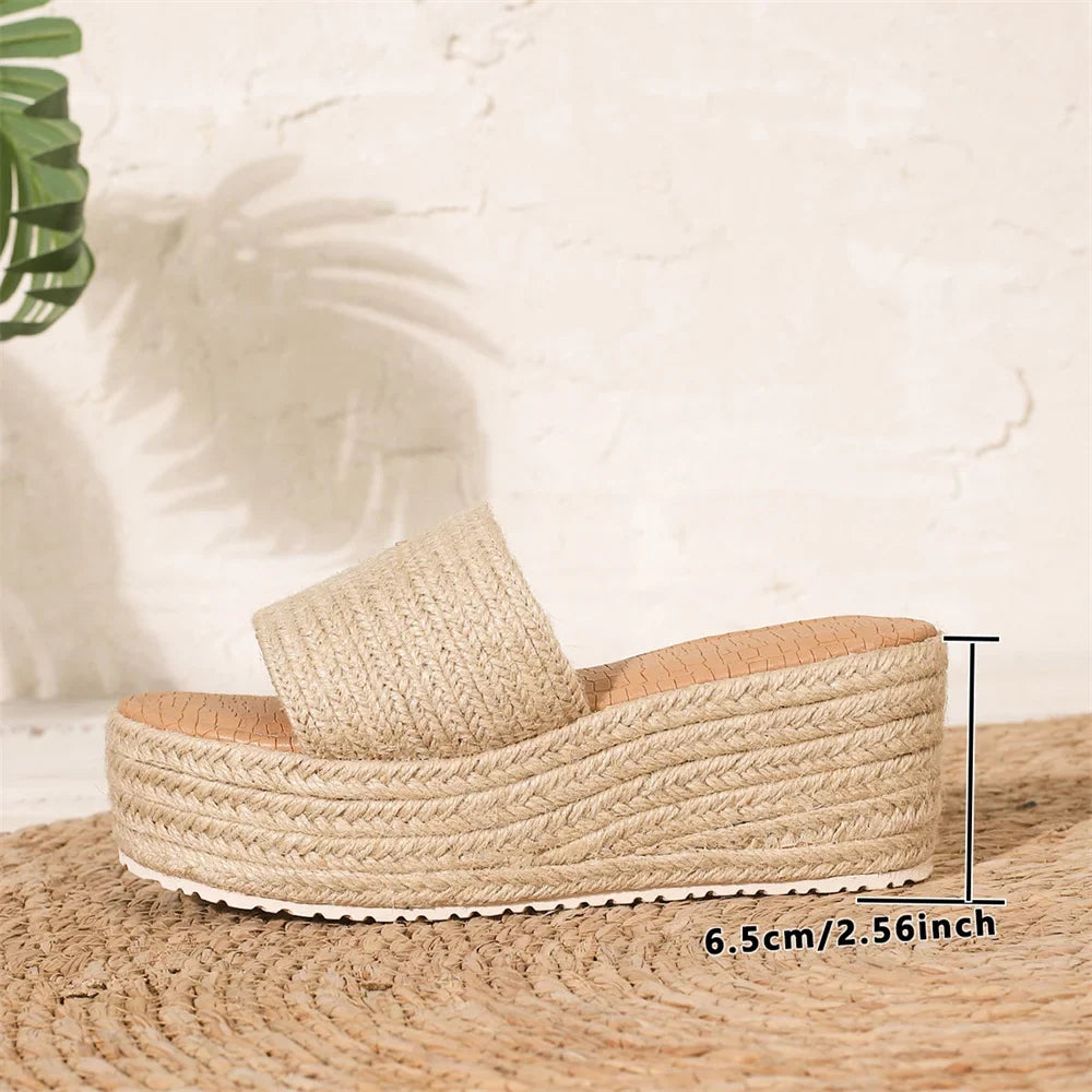 2026 Big Size 43 Summer Espadrilles Sandals Women Beach Vacation Mules Outdoor Slides Shoes Straw Weave Chunky Platform Sandals