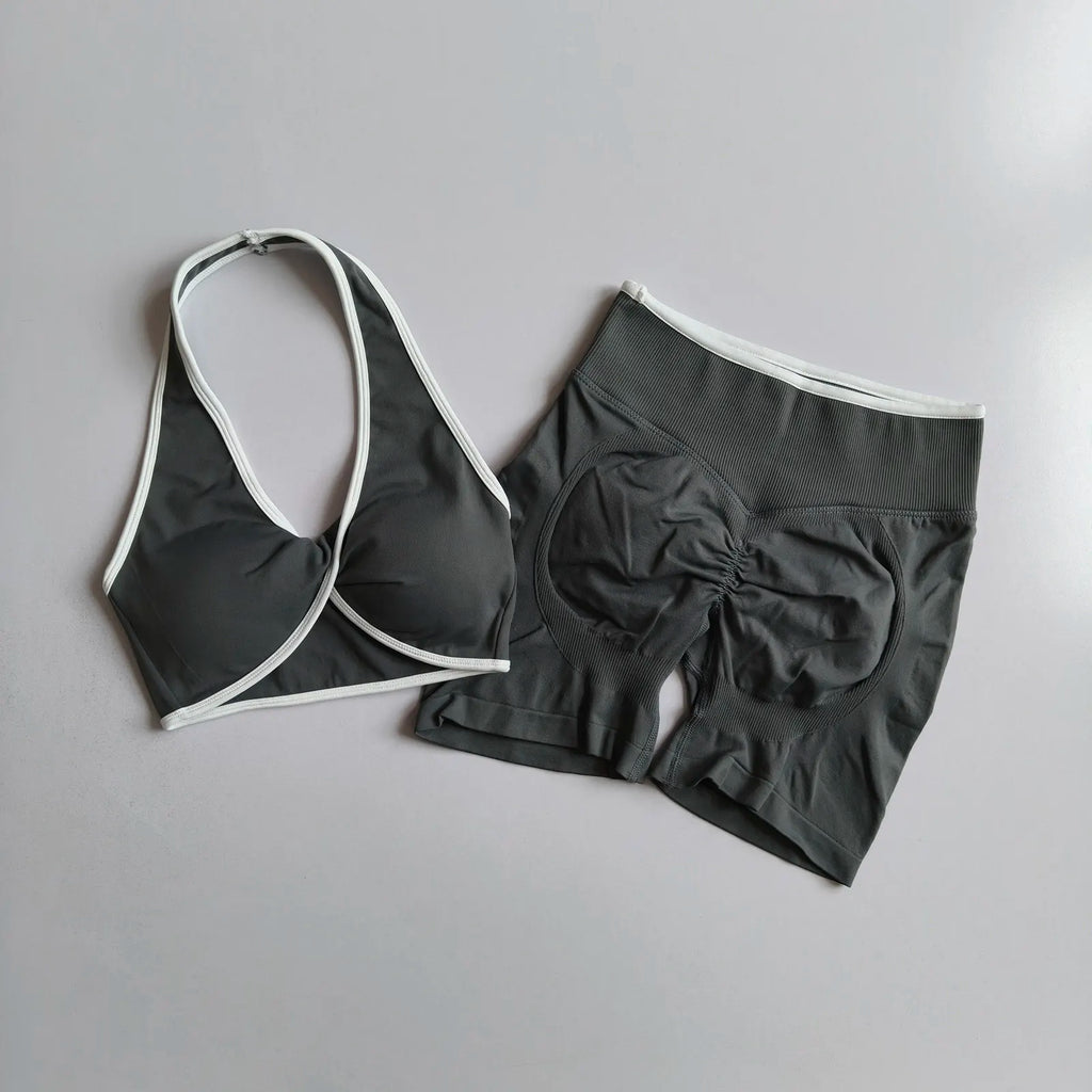 2pcs Women's Seamless Push-up Sports Vest Bra Set with High Elastic Hip Lifting Shorts for Running Aerobics Yoga