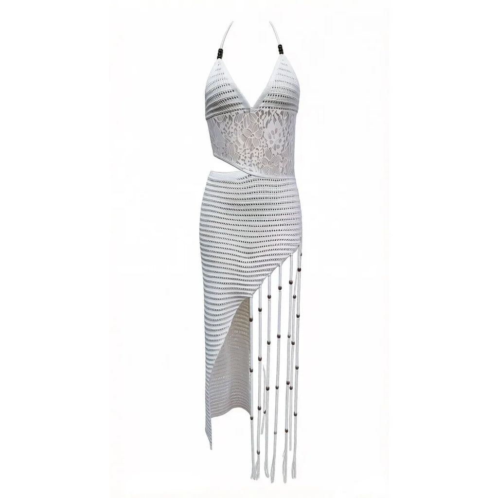 New Tassels Asymmetric Halter Crochet Knitted Tunic Beach Cover Up Cover-ups Beach Dress Beach Wear Beachwear Female Women V8257