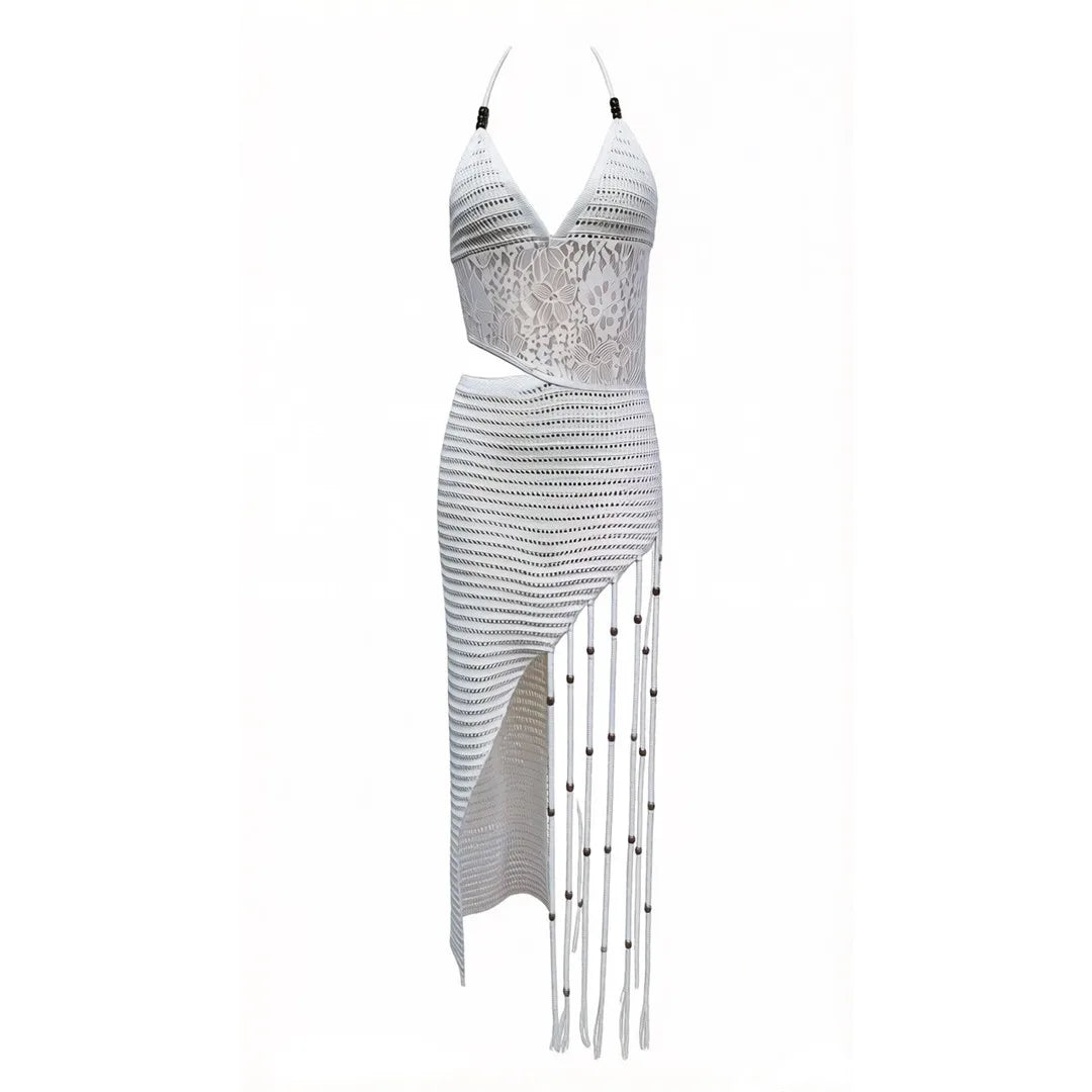New Tassels Asymmetric Halter Crochet Knitted Tunic Beach Cover Up Cover-ups Beach Dress Beach Wear Beachwear Female Women V8257