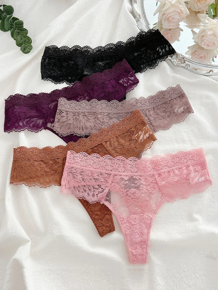 5Pcs Lace Sexy Thongs Women Low-Rise Briefs Sexy Soft Ladies Underwear Trendy Floral Underpants Female Flowery Panty Lingerie