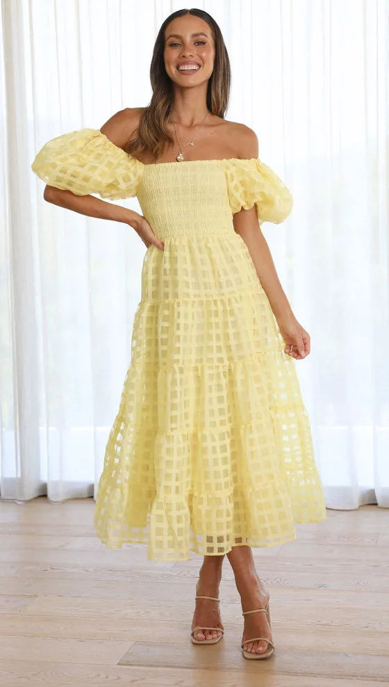 Foridol Off Shoulder Summer Spring Midi Dresses Women Casual Puff Sleeve A-line Beach Vestidos Yellow Beach Party New in Dress
