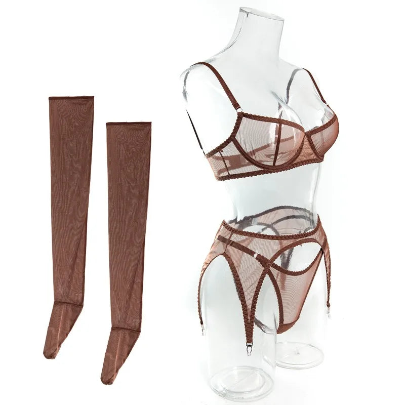Toucheart Erotic Lingerie Comfortable Mesh Sexy Body Shaping Ultra-thin See-through Sexy Underwear Four-piece Set with Stockings